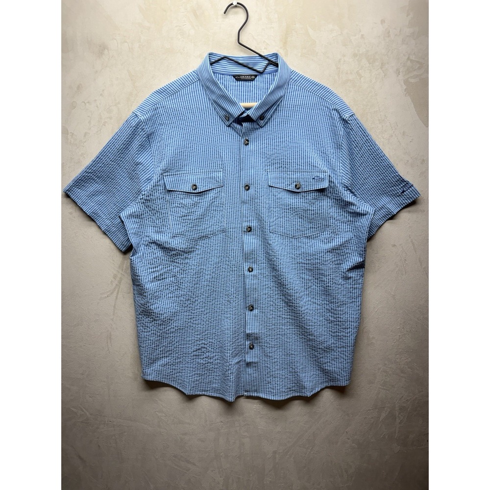 Drake Waterfowl Mag Pocket Seersucker Shirt Mens XL Blue Striped Fishing Wicking